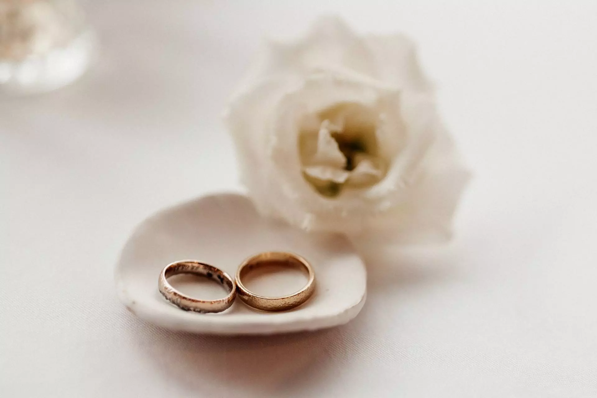 Zwei Eheringe auf Schale mit Blume